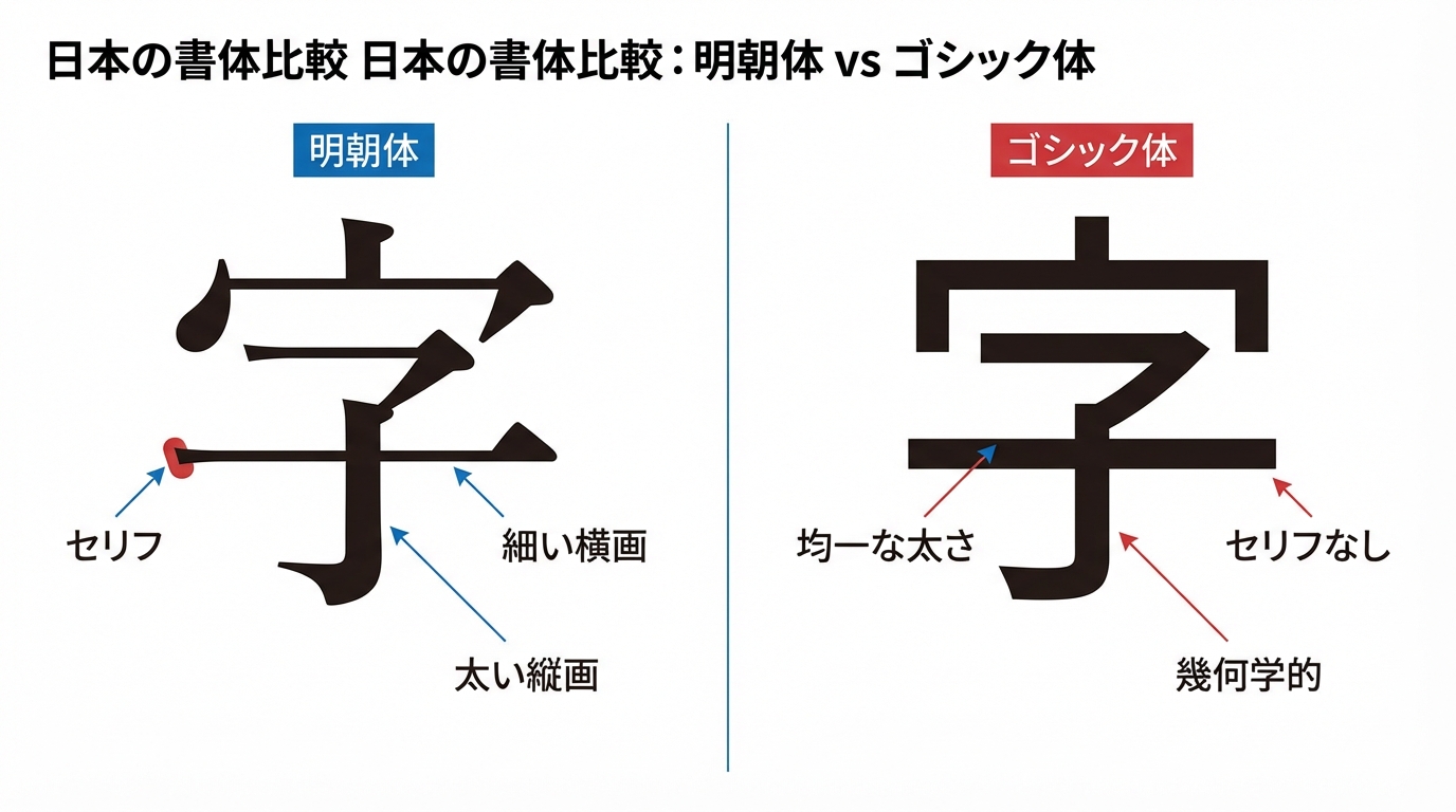 明朝体とゴシック体の比較