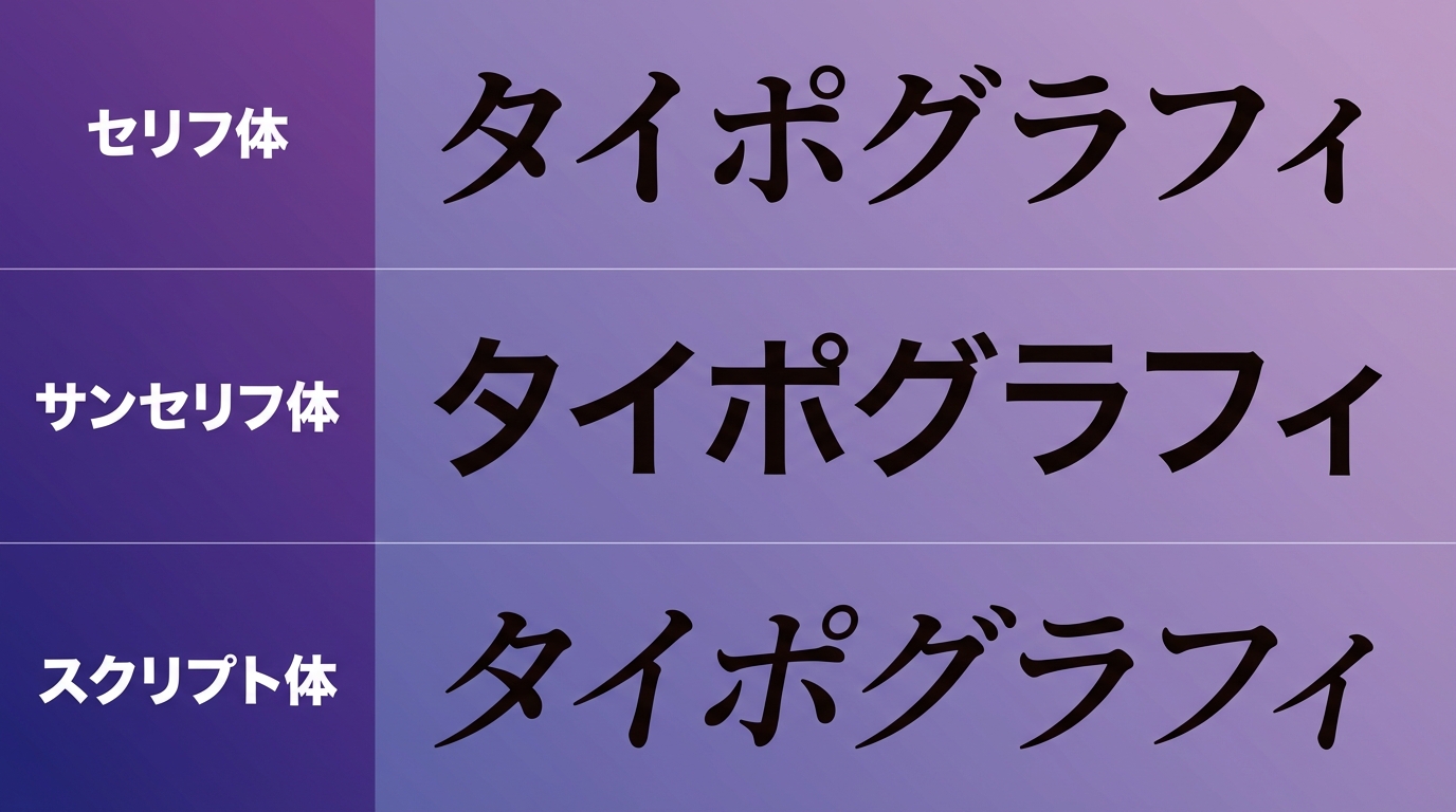 セリフ体・サンセリフ体・スクリプト体の見た目の違いを比較した図