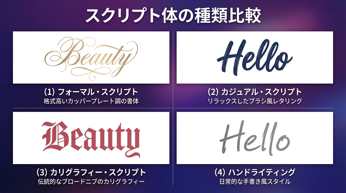 スクリプト体の4つの種類（フォーマル・カジュアル・カリグラフィー・ハンドライティング）の比較